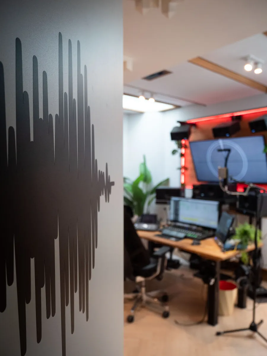 Studio — waveform wall and control room